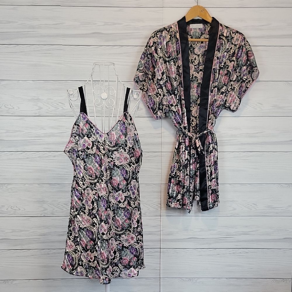 Val Mode Vintage Floral Kimono and Slip Dress Set Womens Size L